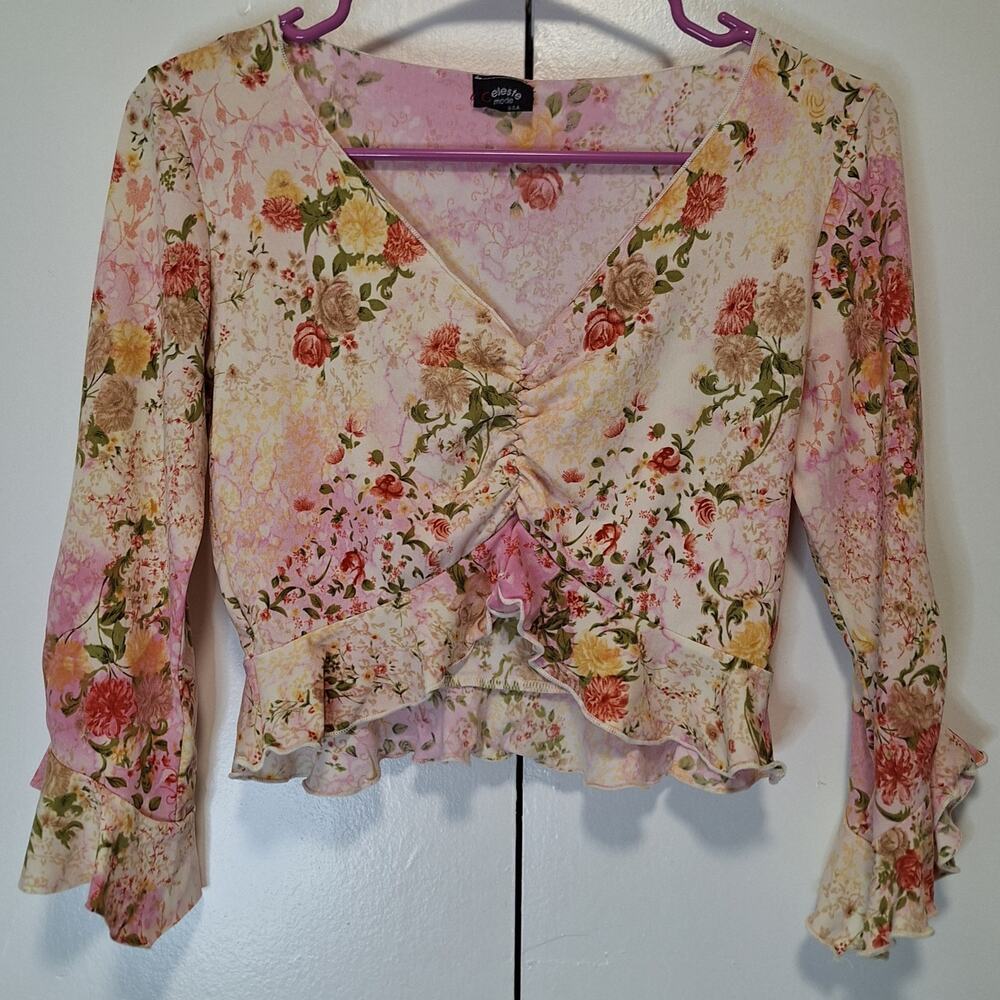 Celeste Floral Blouse w Flared Sleeves Sz S Small